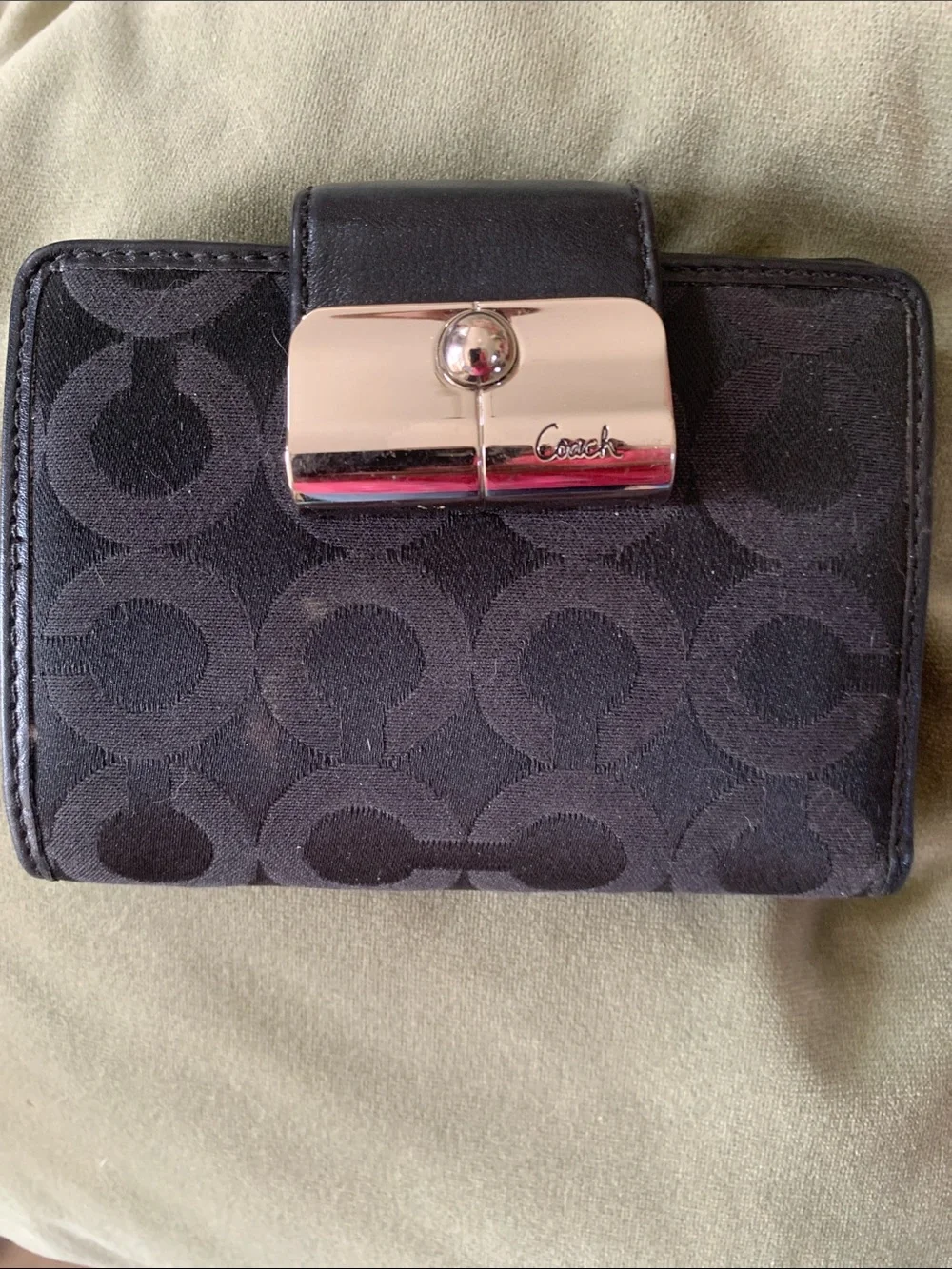 Coach Black Signature Jacquard Compact Wallet with Silver-Tone Clasp